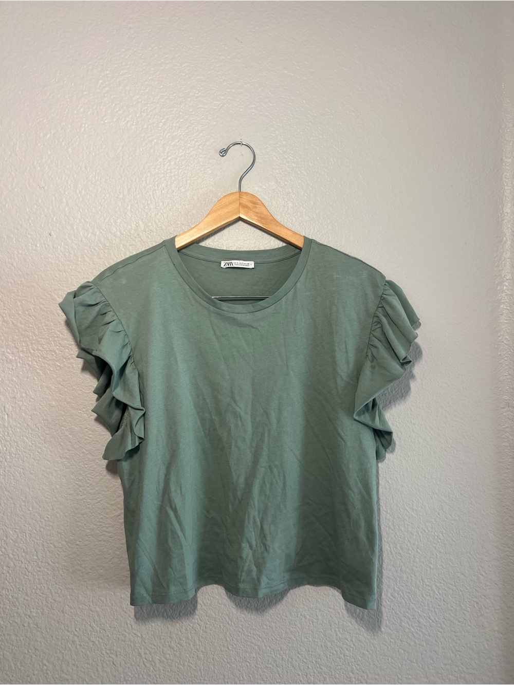 Zara Sage Green Ruffle Sleeve T-Shirt Size S